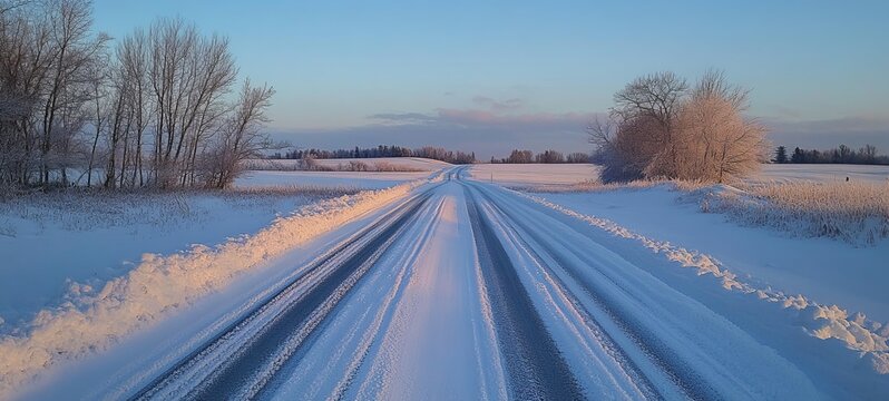 Winter Road Through Snowy Landscape at Dusk - Serene Rural Scene.