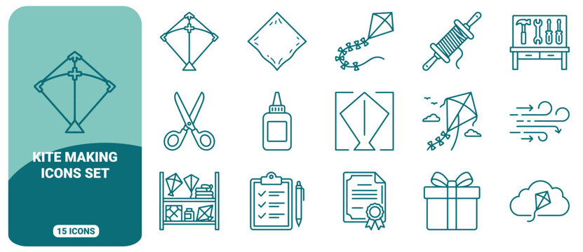 Kite making icon set featuring line of kites, tools, craft supplies, wind, checklists, certificates, and gift boxes in teal