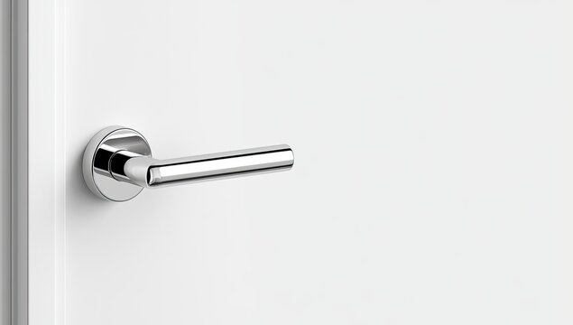 A sleek, polished metal lever door handle on a clean white door