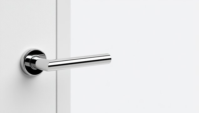 Sleek, modern, polished chrome door handle on a clean white door