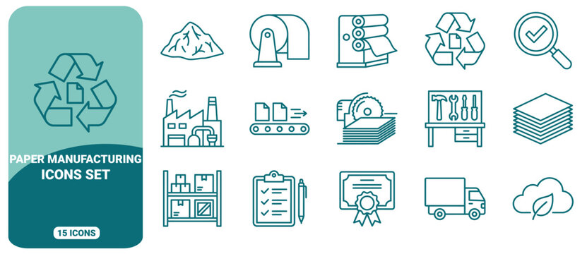 Paper manufacturing icon set featuring industrial processes, recycling symbols, factory machinery, logistics, and control tools in teal line