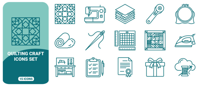 Quilting and sewing craft icon set featuring outline of fabric, needles, sewing machines, and quilting tools in teal color