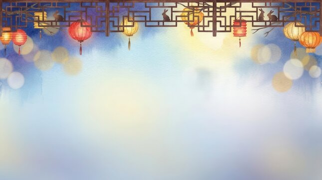 Mid-Autumn Festival greeting background with watercolor lanterns and rabbits