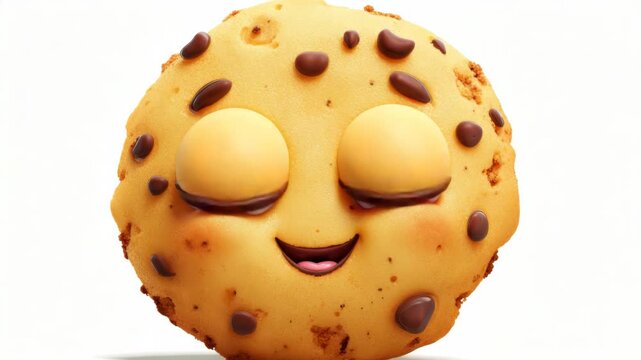 Adorable cookie with chocolate chips and big, expressive eyes. Soft, round shape with a friendly smiling face. Pure white background highlights the cookie's charming design
