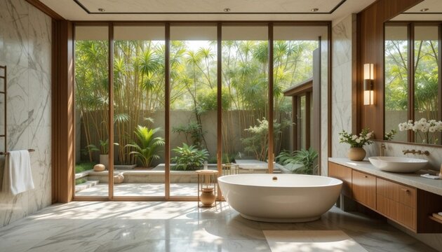 A luxurious wide angle of a master bathroom looking through glass to a secluded bamboo courtyard, teak accents