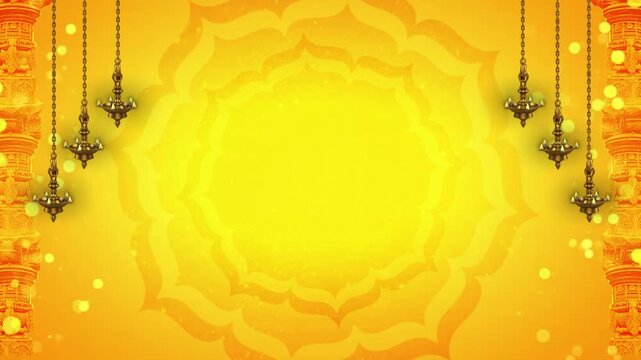 Golden Yellow Traditional Indian Festival Motion Background with Hanging Lamps