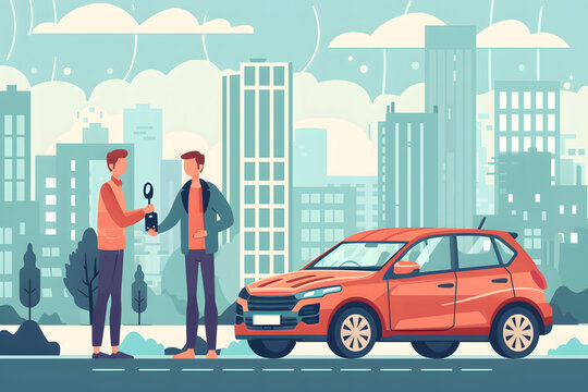 Man hands car keys to another man in front of a vehicle and city.