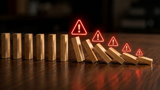 Row of wooden dominoes falling in sequence on a dark wooden table with glowing red warning triangles appearing above each toppling piece in a chain reaction, underscoring the domino effect