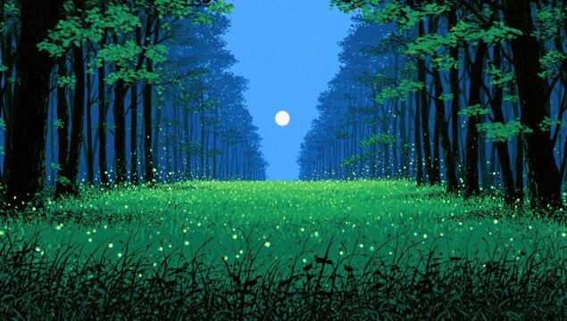 Moonlit forest glade with glowing fireflies and a soft blue sky