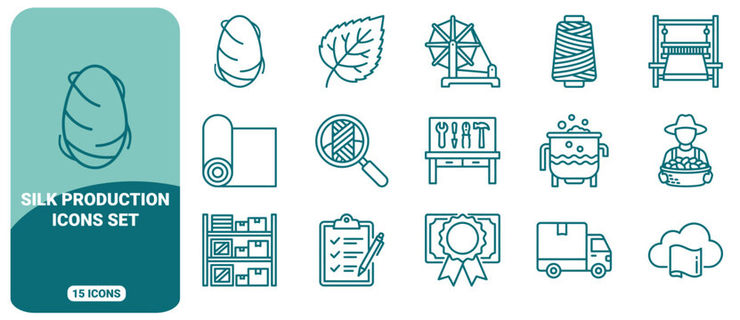 Silk production icon set, featuring silkworm cocoons, mulberry leaves, spinning wheels, looms, textile manufacturing, and logistics symbols