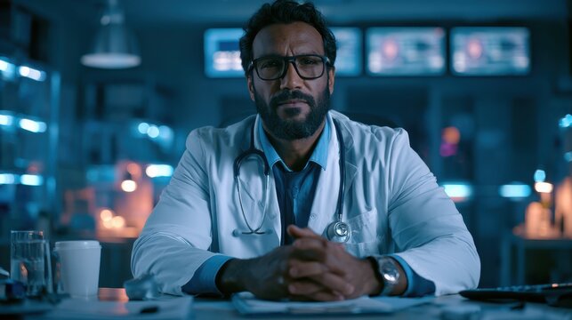 A serious male doctor with glasses and a stethoscope sits at a desk in a dimly lit medical office, looking directly at the camera.