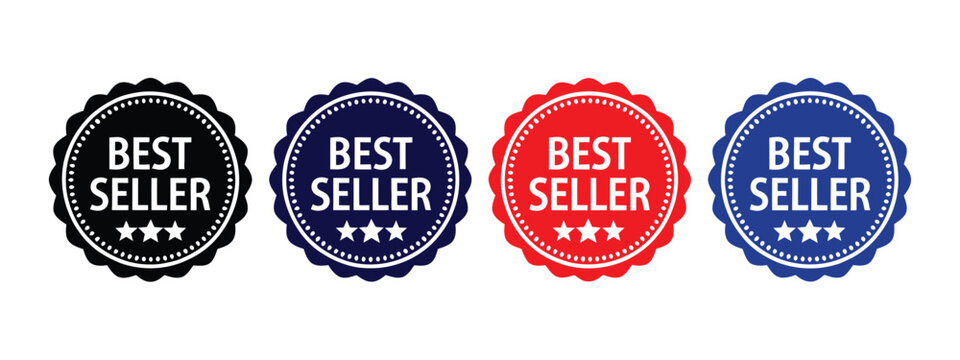 Best seller badge icons featuring colorful product labels with stars and ribbon symbols in clean minimalist vector graphics for ecommerce, retail promotions, packaging, and marketing campaigns.