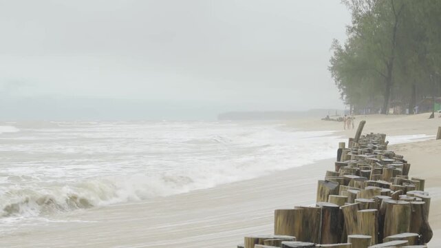 waves crashing against wooden sea wave breaker on a coastal sand beach, creating dramatic white splashes and patterns from open sea ocean, scary beach sea in rainny weather of southern thailand
