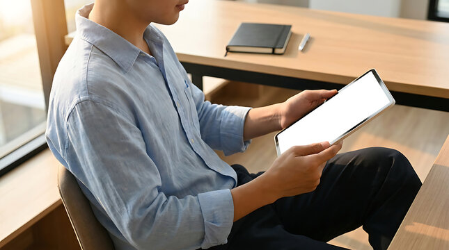 Man sitting in office reading digital tablet on lap