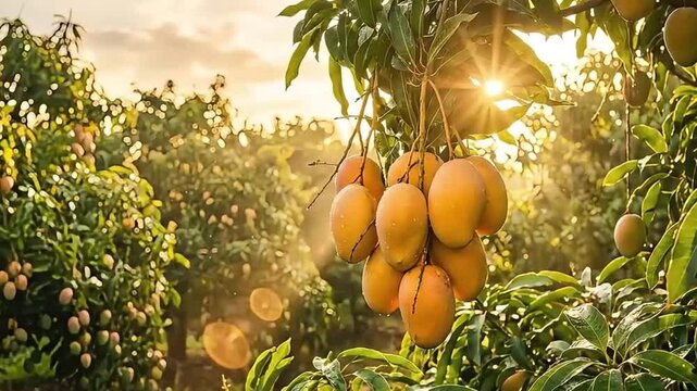 Ripe mangoes hang from tree in sunny orchard with lush green leaves and branches