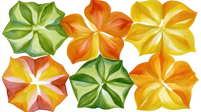 Collection of six flowers arranged in a symmetrical pattern. the flowers are made up of different shades of orange, yellow, and green, with each flower having a unique shape and size.