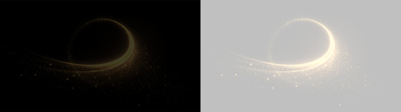 Curved golden line with soft particles on a transparent background in a simple and modern style