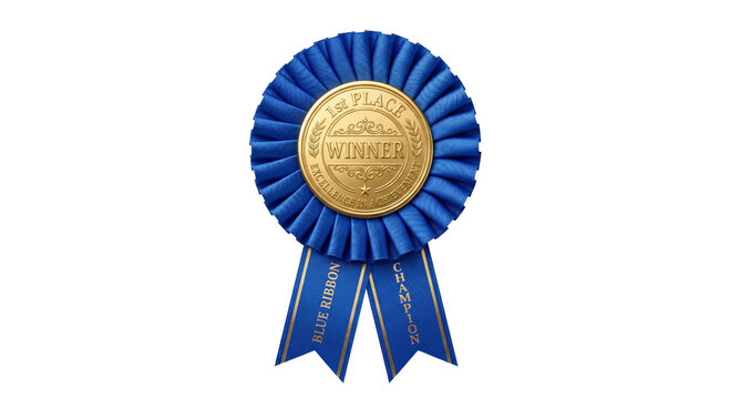 Blue ribbon award for first place winner with gold medal and text