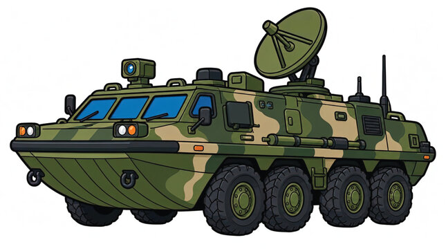 Green Amphibious Military Vehicle with Camouflage and Tow Hook, Vector Illustration