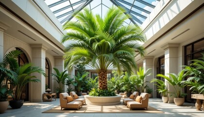 Fototapeta premium A modern tropical lounge interior presenting an indoor exotic palm tree alcove under an architectural glass skylight