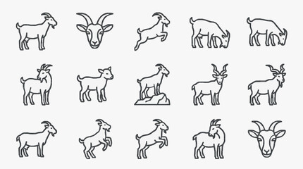 Fototapeta premium Industrial Black and White Line Drawing Collection of Various Goat and Sheep Silhouettes and Poses for Design Projects