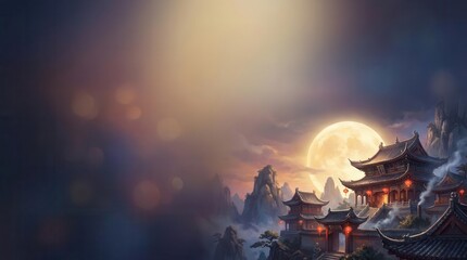 Obraz premium Full moon rising over traditional oriental pagodas during night festival