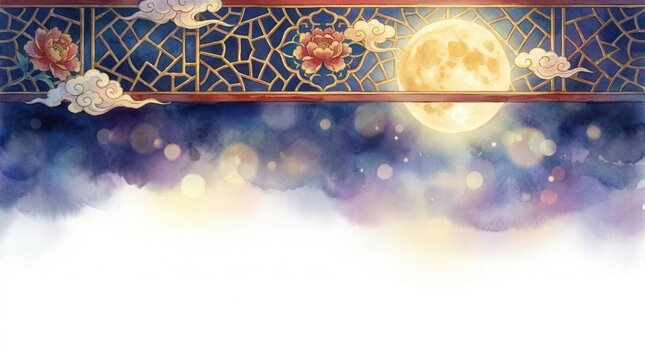 Mid-Autumn Festival full moon over Chinese traditional lattice frame with watercolor clouds and floral motifs on blue night background.