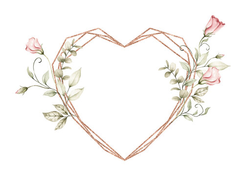 Watercolor wide geometric heart rose gold glitter frame illustration element PNG, blush and magenta pink roses floral border clipart, for wedding invitations