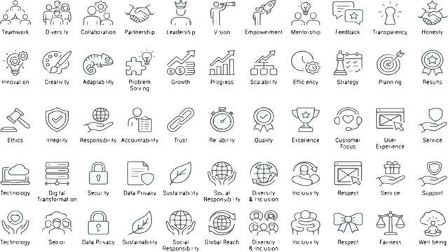 Core Values icon set. Ethics and business principle related line icons. integrity, honesty, respect, responsibility, teamwork, innovation, trust, vision and more. Editable stroke. See Less.eps