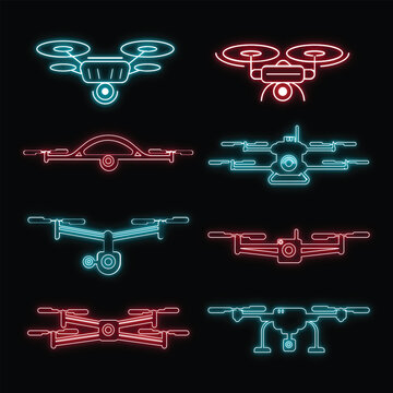 Modern drone aerial technology neon sign icons set with glowing red and blue line art on black background