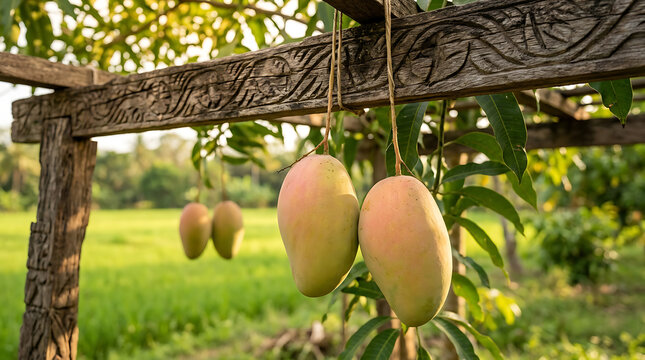 Mangoes hanging from a tree branch on a wooden trellis in a lush green field with natural surroundings and ripe fruit