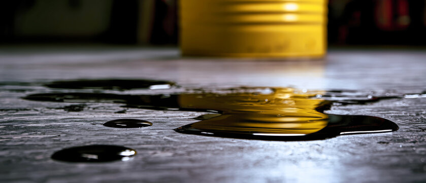 Spilled oil creates distinct puddles on gray linoleum near a yellow industrial barrel under dim lighting, highlighting the oil's sheen and texture