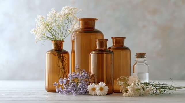 Group of five brown glass bottles arranged on a white wooden surface. the bottles are of different sizes and shapes, with the largest one in the center and the smallest one on the right side.