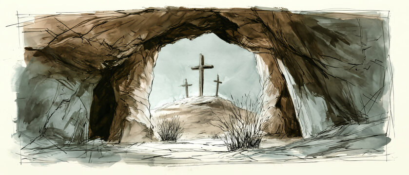 Cave entrance appears in foreground with brown and gray walls. In the distance, three crosses stand on a hill under a light sky. Sparse bushes surround the ground