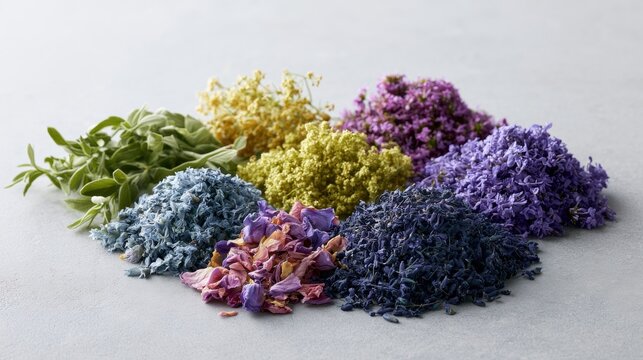 Group of different types of dried flowers arranged in a circular pattern on a light grey background.