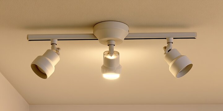 White ceiling track lighting with three adjustable spotlights emits warm light