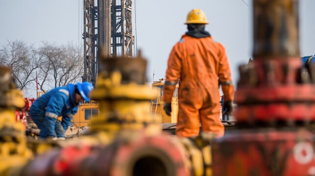 Industrial workers in protective equipment at an oil and gas drilling site. Concept of energy production, petroleum industry, drilling operations, engineering, heavy industry and workplace safety