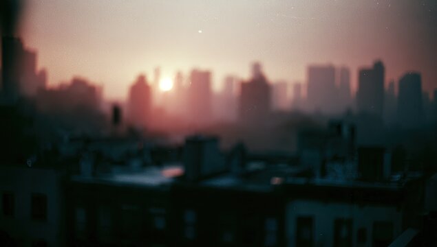 Hazy dawn breaks over silhouetted buildings in a sprawling urban landscape