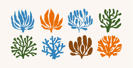 Coral reef plants, seaweeds shapes set. Abstract algae, underwater marine branches weeds, grass. Tropical exotic nature decorations. Flat vector illustrations isolated on white background © Good Studio