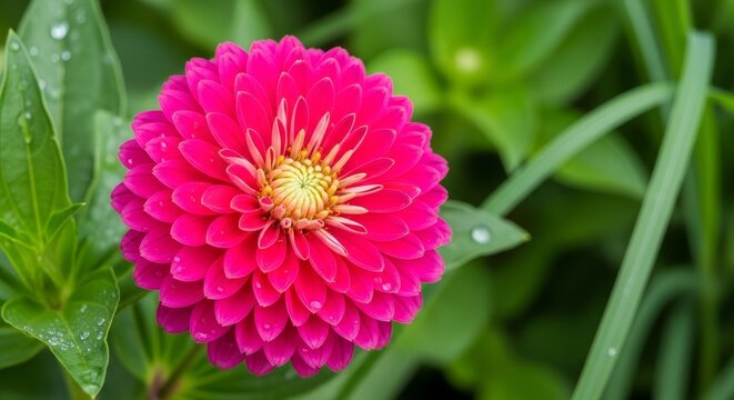 Vibrant Pink Dahlia Flower in Full Bloom with Green Foliage.