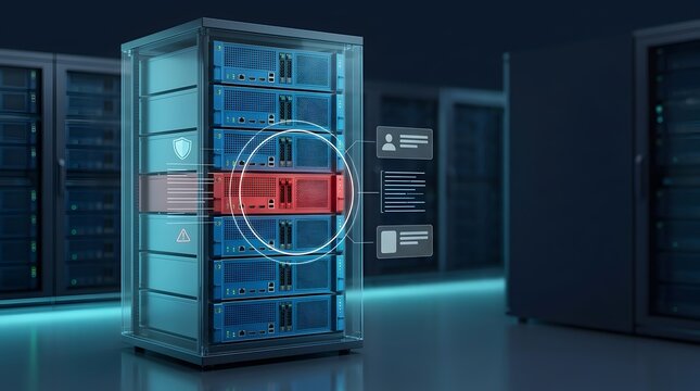 Data center server rack highlighting compromised hardware unit with glowing red indicators and digital interfaces displaying cybersecurity vulnerability alerts