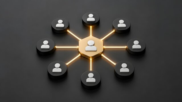 Human resources leadership network diagram golden central figure connecting to team members via glowing digital links
