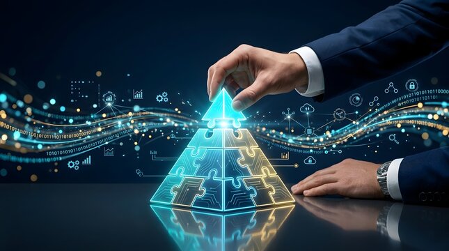 Digital business strategy implementation businessman hand completing glowing technological puzzle pyramid with futuristic data streams