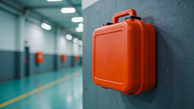 Red emergency first aid kit mounted on industrial wall representing workplace safety and emergency preparedness