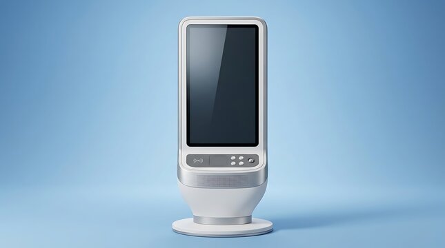 Modern white digital kiosk station on blue background