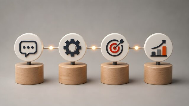 Business strategy workflow process concept featuring connected circular icons of communication gear mechanism target goal and financial growth chart
