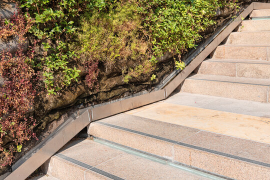 Stone steps featuring a sleek metal handrail, integrating into a rock wall covered with various green and reddish plants, showing urban design