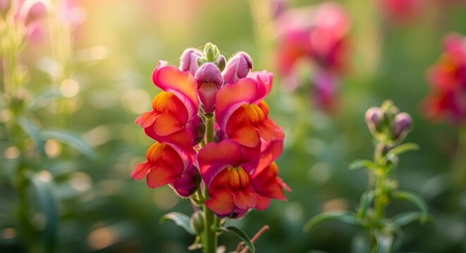 Vibrant snapdragons in full bloom, bathed in golden sunlight, showcasing their intricate floral details.