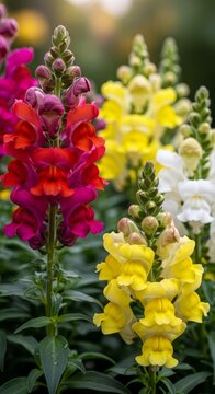Vibrant snapdragons in full bloom, showcasing a mix of red, yellow, and white flowers.