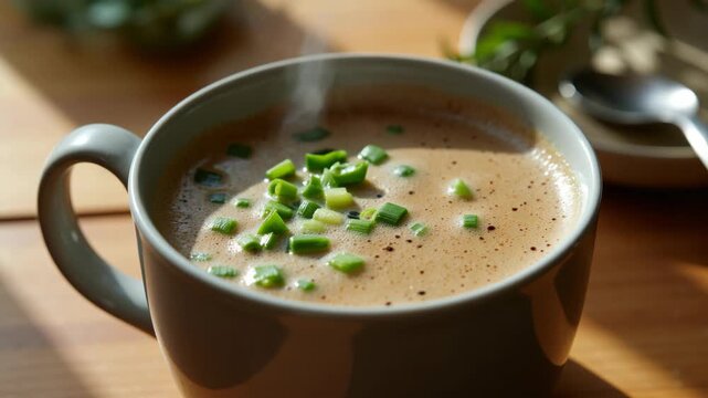 A bowl of soup sitting on a wooden table with herbs sprinkled as garnish.